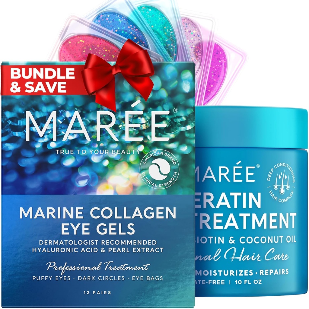 MAREE Complete Beauty Solution - Pod eye żele i maska do włosów, odżywka - Kolagen morski, kwas hialuronowy, olej kokosowy i keratyna - Redukuje podpuchnięte oczy i ciemne koła, Hydrating Fine & Frizzy włosy