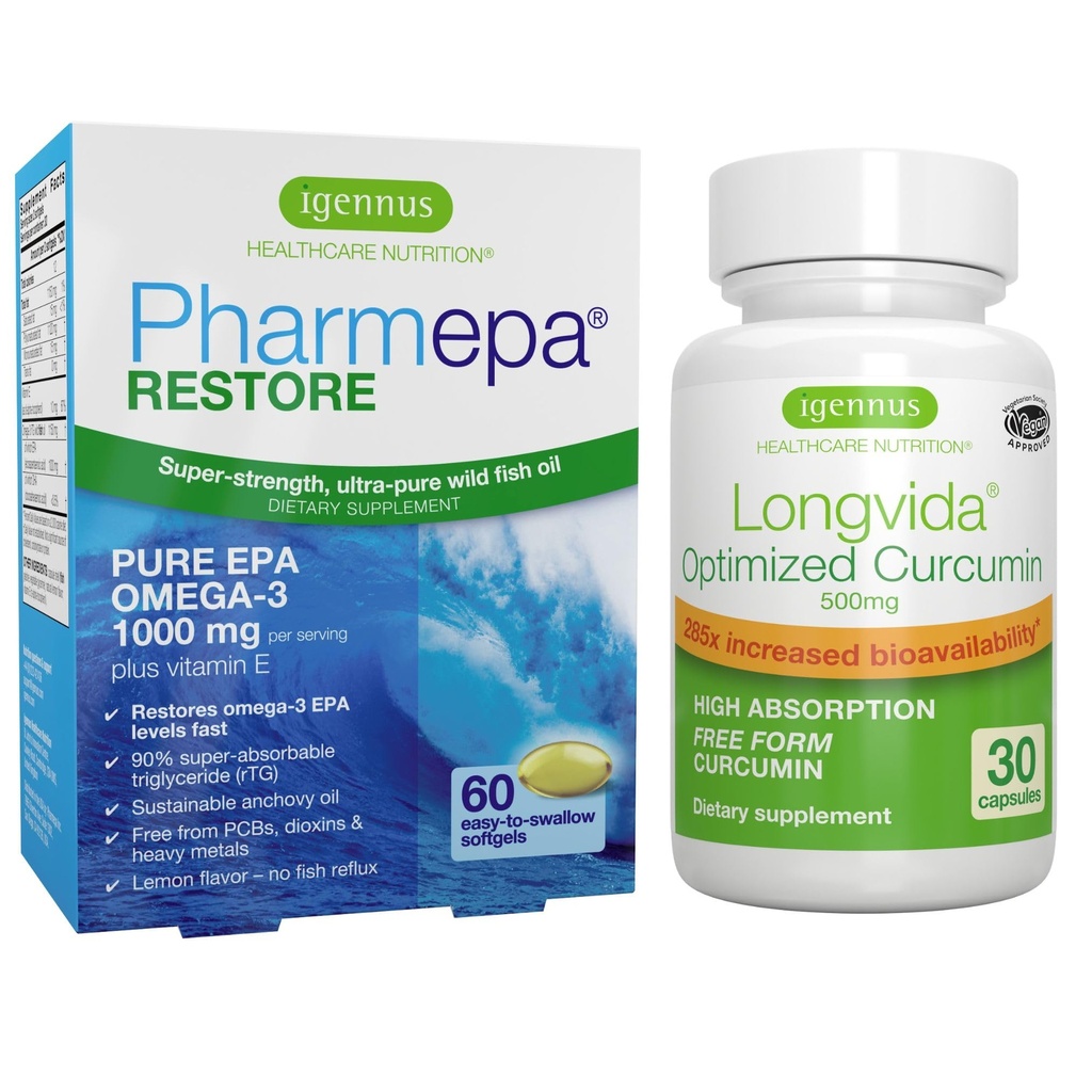 Pharmepa Restore & Longvida Lipided Curcumin 500mg Bundle, 1000mg Pure EPA Omega-3 Fish Oil & Ultra Bioavaible Curcumin, by Igennus