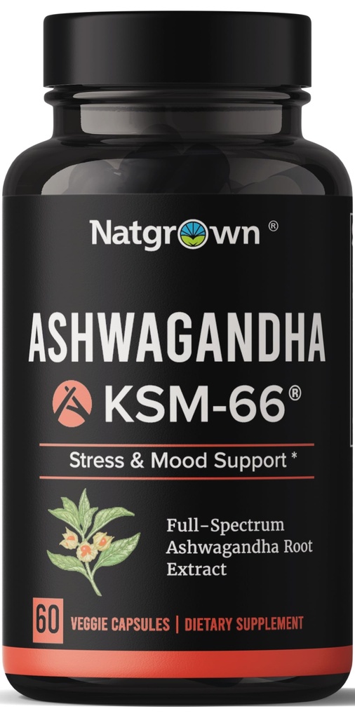 Natgrow Ashwagandha KSM 66 Supplement 600 mg - Stres, nastrojenie i wsparcie atletyczne - Organic KSM66 Root Extract with 5% Withanolides - Vegan kapsułki - 60 Count
