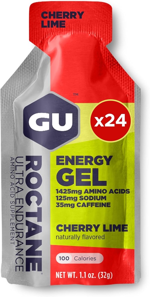 GU Energy Roctane Ultra Endurance Energy Gel, Vegan, Gluten- Free, Kosher i Dairy-Free On- The- Sports Nutrition for Running, Kolarstwo, Turystyka lub Narciarstwo, 24- Count, Cherry Lime