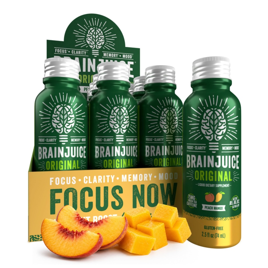 Sok Brain Support Shot, Gluten Free Supplement Shots for Energy & Focus, Zdrowe napoje z Alpha GPC, Witamina B & Organic Green Tea Extract Kofeina, Peach Mango, 2,5 fl oz, 12 Pack