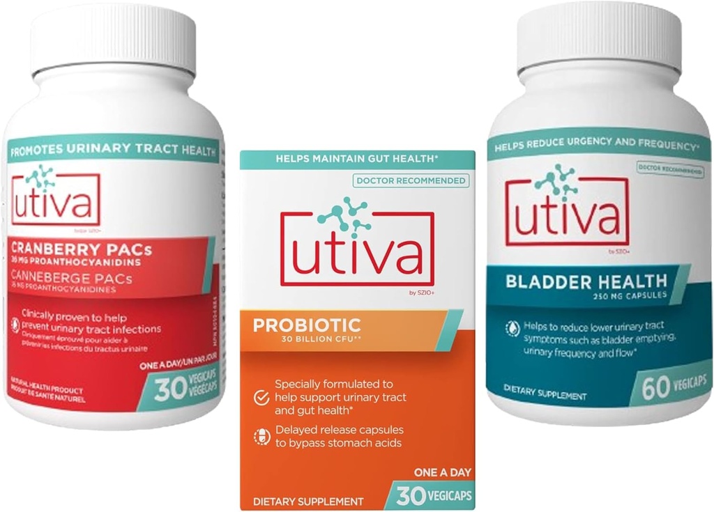 15% Bundle Utiva Cranberry PACs Supplement for Urnary Tract Health 30 Vegi Capsule + Utiva Probiotic for Gut and Urnary Tract Health 30 Delayed Release Vegi Capsule + Utiva Bladder Health 60 Capsule