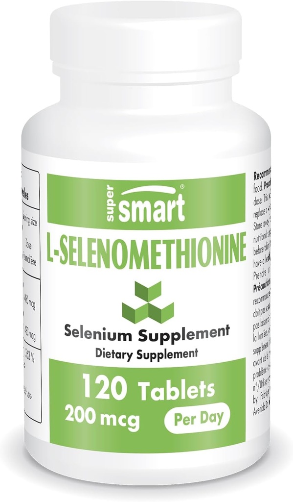 SuperSmart - L- Selenometionine 200mcg na dzień (suplement selenu) - Wysoka absorpcja - Esencjalny ślad mineralny 124; Non-GMO & gluten Free - 120 Tablets
