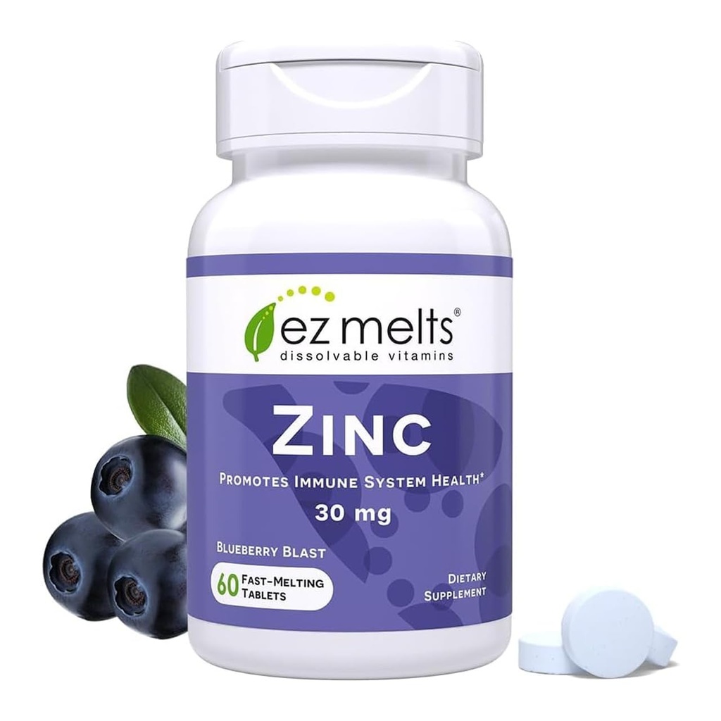 EZ Stopy cynku - Suplement do immunologicznego, Digestive & Skin Health Support - Non-GMO, Wegan & Gluten- Free - Blueberry Blast - 60 Rozpuszczalne tabletki (60 Servings)