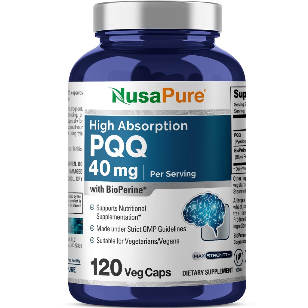 NusaPure PQQ Supplement 40 mg, 120 Veggie kapsułki, Non-GMO, Pyrrolochinolina Chinone Sól disodowa, Bioperine