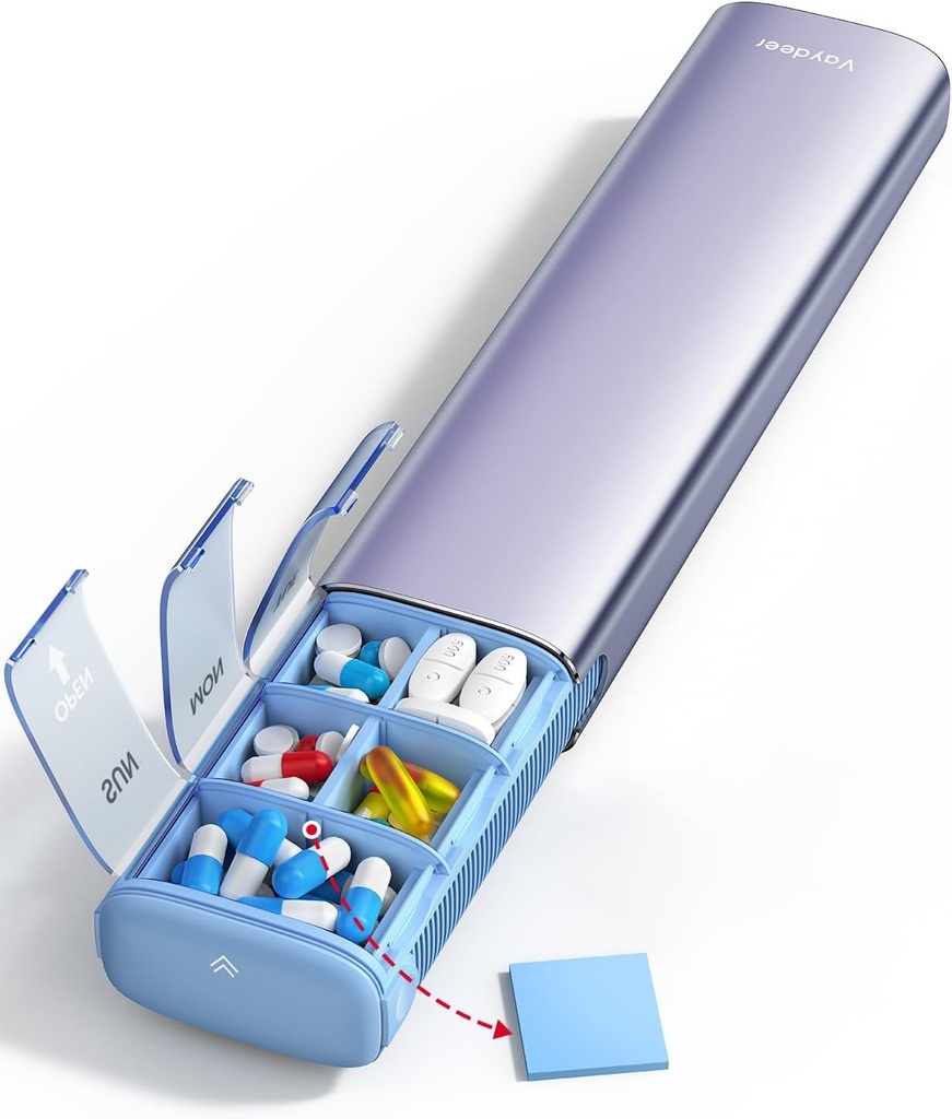 Vayjen 7 Day Cotygodniowy Pill Organizator (Wsparcie 2 razy dziennie), Metal Travel Pill Case, Duża pojemność codziennie Cute Pill Box na suplementy, Tabletki, Witaminy i Medykacja (Purpurowy), 8.3 * 2.1 * 1.2 Inch