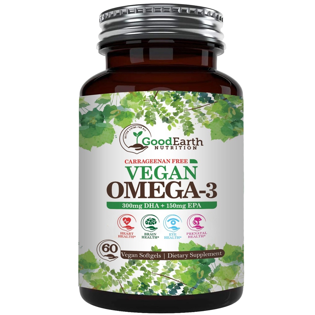 Vegan Omega 3 - Carrageenan Free Plant Based Algal DHA/EPA- 60 Veggie Softgels - Supports Brain, Heart & Prenatal Health - Essential Fatty Acids Supplements