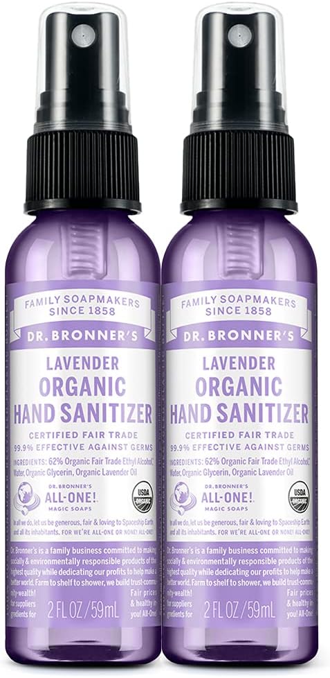 Dr Bronner 's - Organic Hand Sanitizer Spray (Lavender, 2 unce, 2-Pack) - Prosta i skuteczna formuła, Cleanses & Sanitizes, No Harsh Chemicals, Moisturizes and Cleans Hands