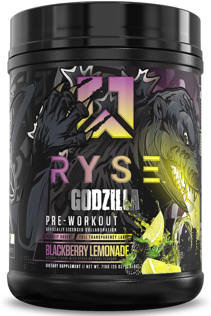 RYSE Godzilla X Noel Deyzel Pre Workout Powder - BlackBerry Lemonade - 400 mg kofeiny, High Stim Pre- Workout dla mężczyzn i kobiet z Citruline & Beta Alanine - Energia, Pompa i Focus - 20 / 40 Służenie