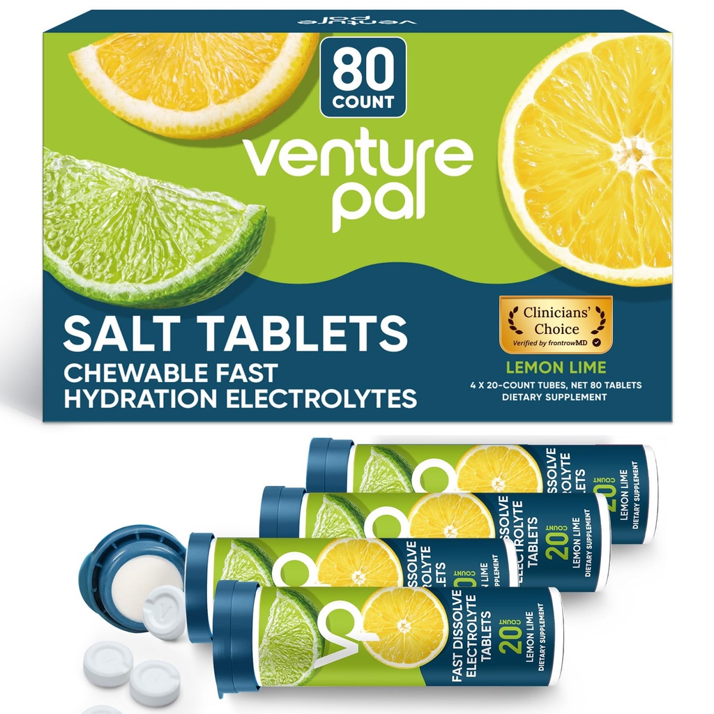 Venture Pal Chewable Electrolyte Tablets, 80 Count Fast- Display Sugar- Free Stick Salt Tablets - Pakiet Variety for Rapid Hydration, Outdoor Running, Turystyka piesza, Sport 124; Keto & Vegan Friendly