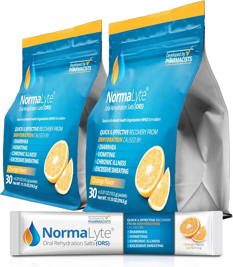 NormaLyte Oral Rehydration Salts-2 Pouches - 60 Sticks (Wynosi 500 ml na opakowanie) - Pomarańcza 124; Suplementy energetyczne, Suplement potasu, Odzysk odwadniania i szybkie wchłanianie