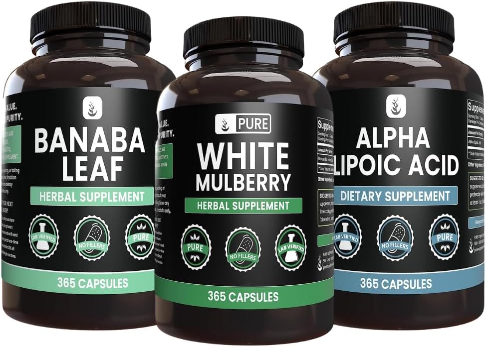 PURE ORYGINALNE WŁÓKIENNICZE Biały Mulberry, Kwas lipowy alfa, Banaba Capsule Bundle (365 kapsułki), Czysty i nierozcieńczony, Laboratorium zweryfikowane