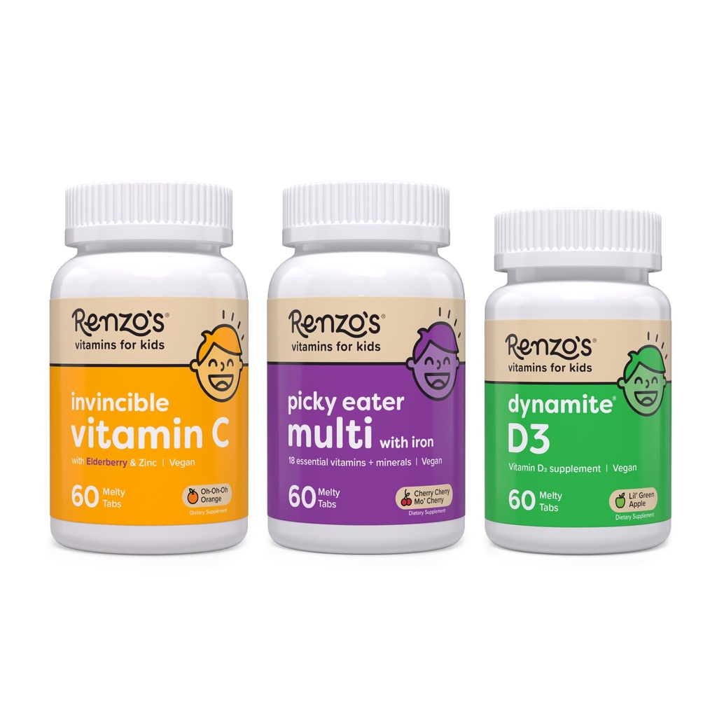 Renzo 's Vitamins Immunitet Builder Bundle - Witamina C z Elderberry & Cynk dla wsparcia immunologicznego, Picky Eater Kids Multivitamin, i Witamina D3