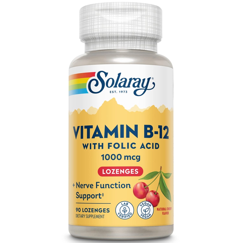 SOLARAY Witamina B- 12 1000mcg Lozenges z kwasem foliowym 124; Naturalny aromat wiśniowy 124; Zdrowe wsparcie energetyczne 124; 90CT