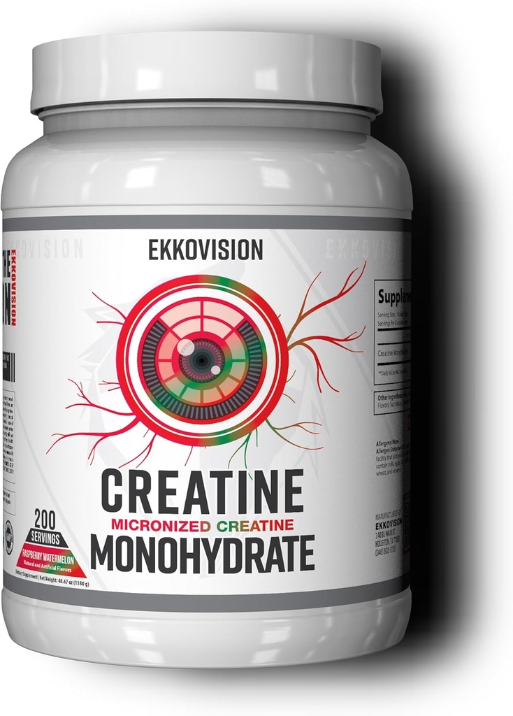 Ekkovision Kreator monohydrat proszek, Mikronizowane, Malina Arbuz, Pre & Post suplement do ćwiczeń dla mężczyzn i kobiet, Wsparcie energetyczne, Łatwy do wymieszania w shakes, Smoothies & Napoje, 200 Służenia