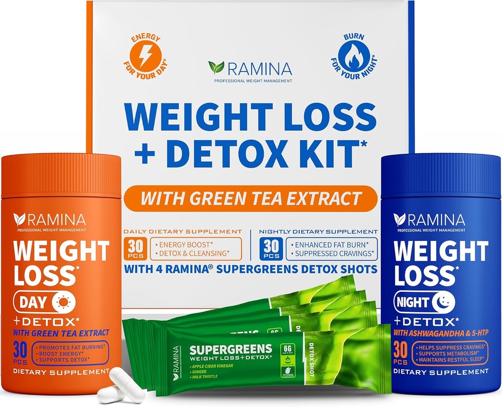 Ultimate Weight Loss Kit - 30 Day & Nighttime Detox Shots - Metabolizm Booster & Kontrola przystawek - Dietetyczne suplementy dla kobiet i mężczyzn - Fat Burning & Weightloss Pills, Fat Burner & Apetite Supressant