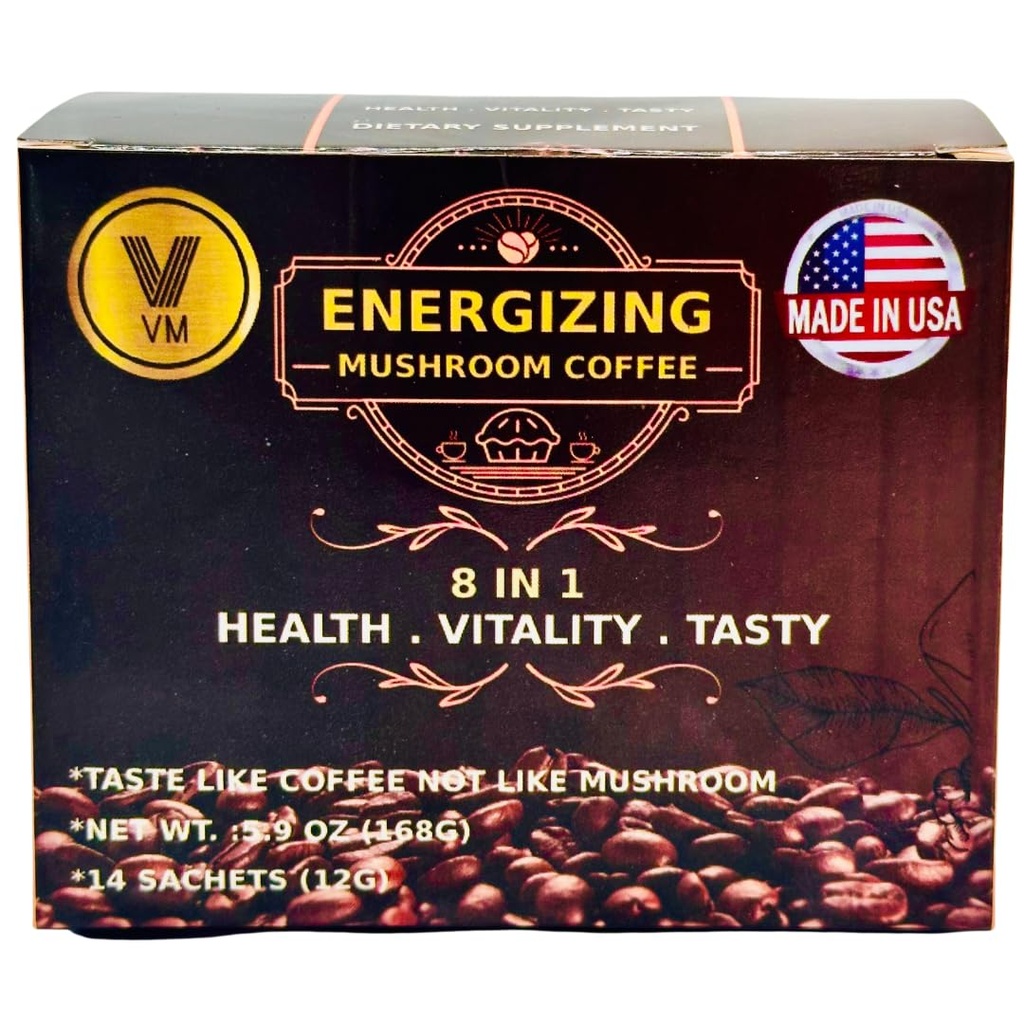 VM Energizing Mushroom Coffee- Reishi z Ginseng & Carbo Mix- Instant kawy. Natural Ganoderma Z Instant Cafe.Dietetyczny suplement 8- in-1 Kawa grzybowa. Mix kawy organiczny klasyk. Wyprodukowane w USA. (14) S