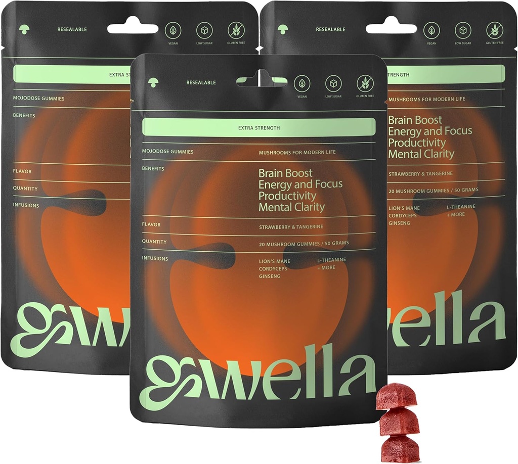 Gwella Focus Gummies z grzywą lwa, Panax Ginseng, Ginger Root, Cordyceps, SAM- e, i Nootropics, Energia i Focus Supplement, Wegan, Truskawka Tangerine (20 Count - Pack of 3)