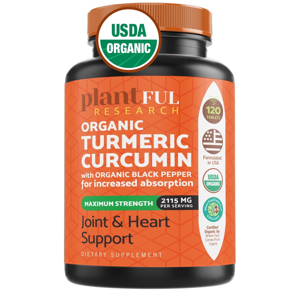 Organic Turmeric Supplement with Black Pepper Highgest Potency USDA Certified [Non-GMO Organic Curcumin 2115mg] Przeciwutleniacz Joint & Immune Support 120 Tablets