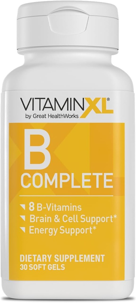 VitaminXL B Complete to Kompleks Full Spectrum B Made with B1, B5, B6, B12, Biotin, Niacin, Riboflavin, and Folate, Also with Choline and inositol (30 Soft Gels, 30 Servings)