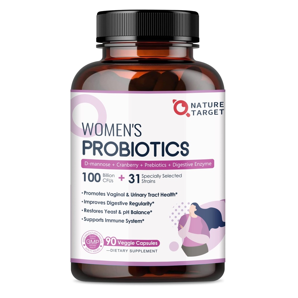 NATURE DOCELOWE Probiotyki dla kobiet, 100 Miliard CFU Probiotyki z Enzymy i Prebiotyki, Probiotyki waginalne z żurawiny dla zdrowia Trakt moczowy, pH Równowaga, 90 Kapsułki Veggie
