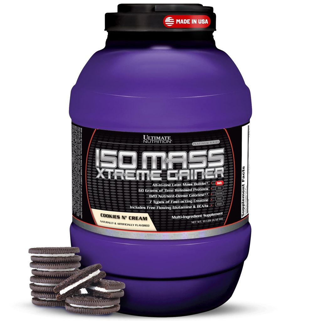 Ultimate Nutrition ISO Mass Xtreme Gainer - High- Calorie Mass Gainer z Creatine & Whey Isolate Protein Powder for Weight Gain, Lean Muscle Mass, Bulk Supplement - Cookies N Cream, 10lbs