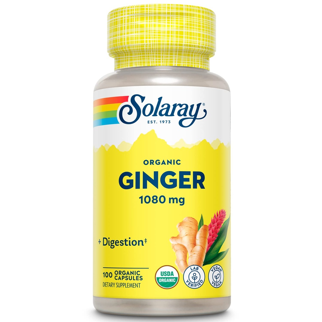 SOLARAY Organic Ginger 1080 mg - Organic Ginger Supplements - Relieves Nudności i Wymioty związane z chorobą ruchową, wspiera wspólne zdrowie - Wegan, Non Drowsy, 60- Day Guarantee, 50 Służenie