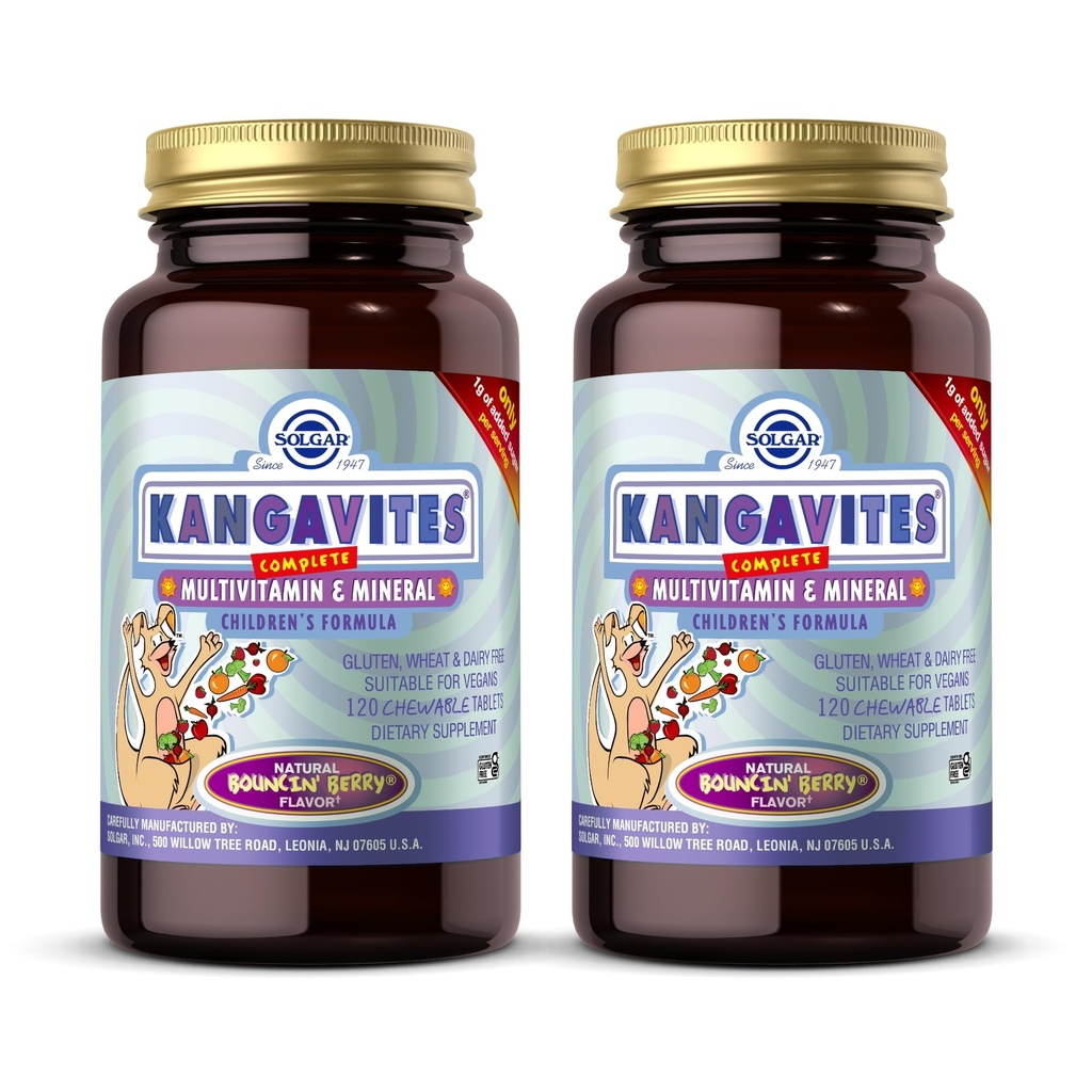 Solgar Kangavites, Bouncin 'Berry Flavor - 120 tabletek do rozgryzania i żucia, Opakowanie 2 - Kompletna formuła multiwitaminowa i mineralna dla dzieci - Wegan, Gluten Free