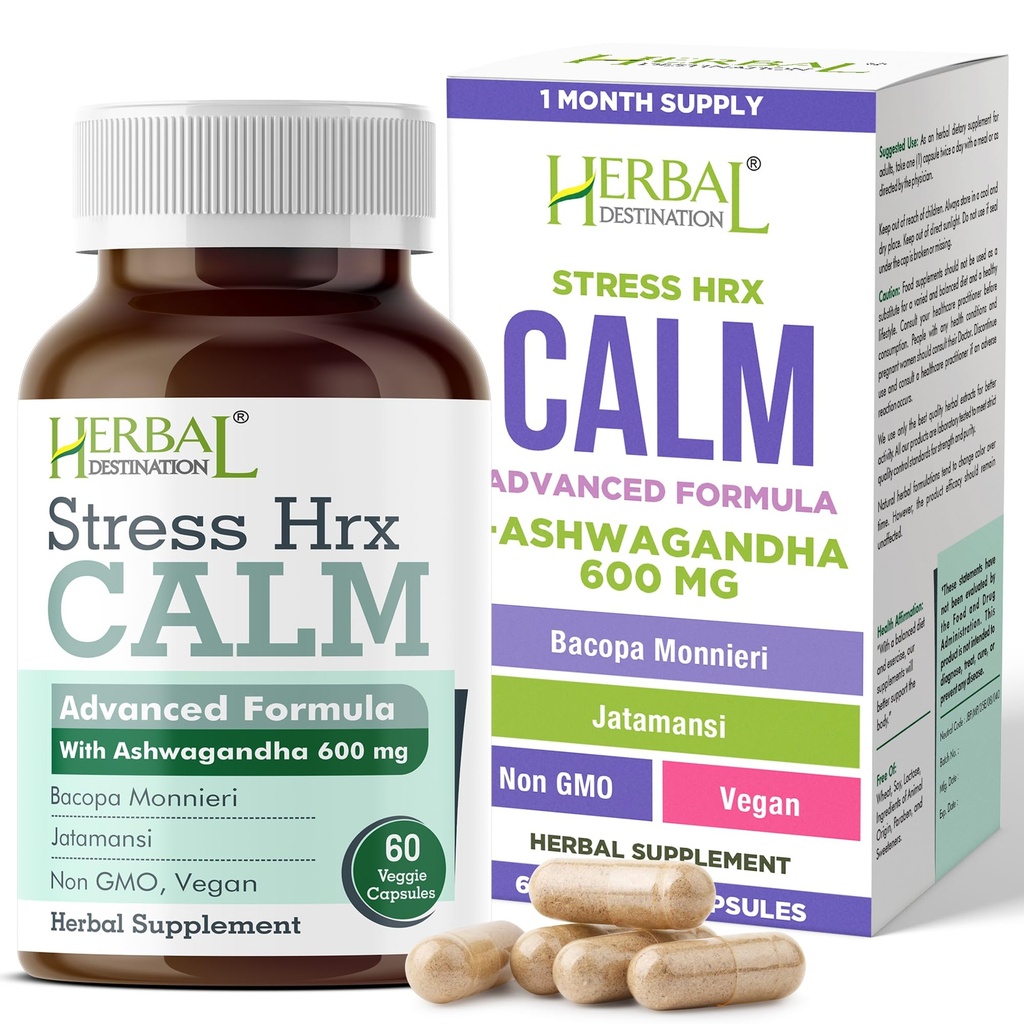 Stres Hrx, Aszwagandha Suplement Kapsułka, Ziołowe miejsce przeznaczenia Stress Relief - 60 Hrabia