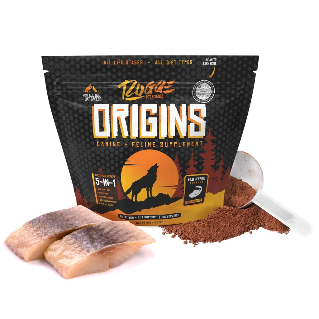 ROGUE PET SCIENCE Origins 5- in-1 Dog Supplement - Puderd Food Topper w / Natural Omega 3 Fish Oil - Wspiera zdrową trawienie, Skóra i Coat - pomaga zmniejszyć swędzenie i zapalenie stawów (2 lbs)