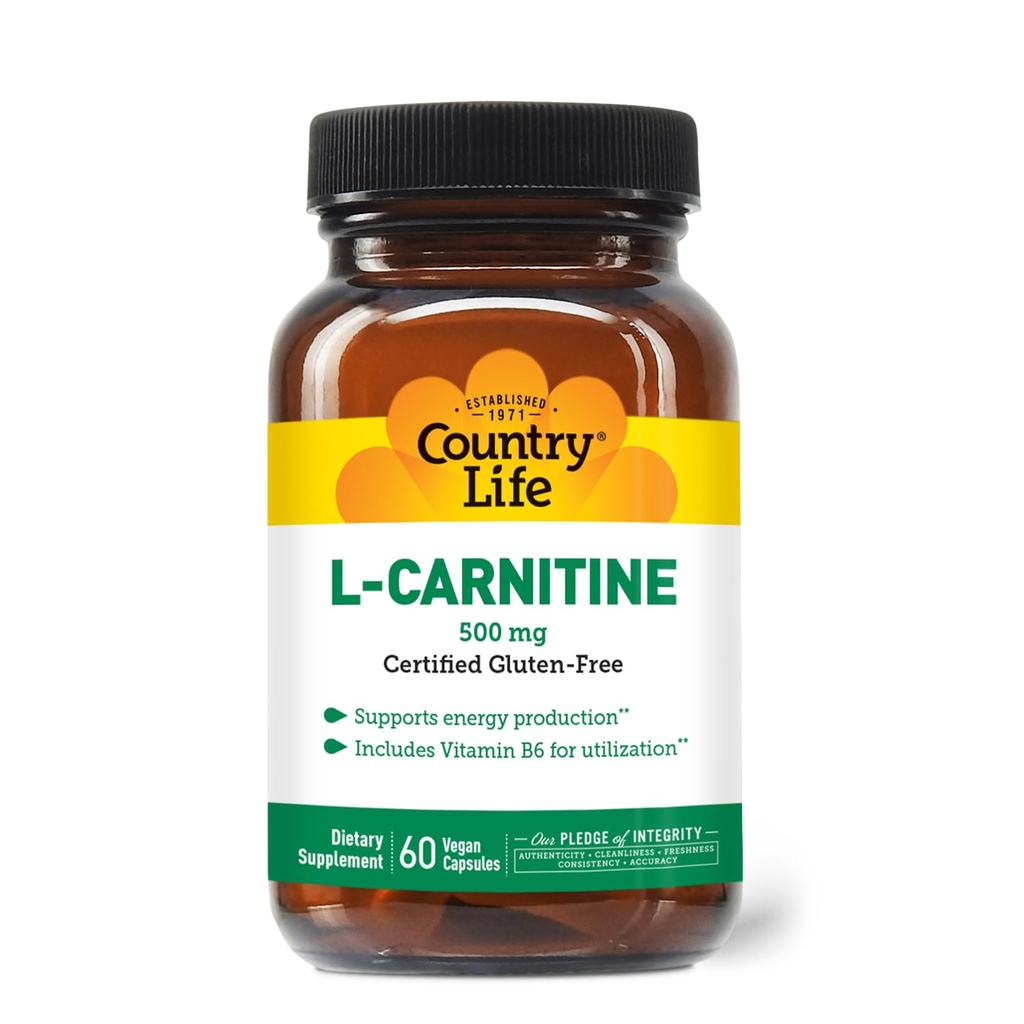 Country Life L- Carnitine 500mg - 60 Vegan kapsułki 124; Wspiera produkcję energii & tłuszcz Metabolizm 124; Zawiera witaminę B6 do wykorzystania 124; Bez glutenu, Certyfikowany Wegan suplement aminokwasów