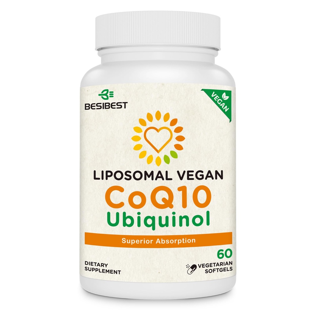 Besibest 1000mg Liposomal CoQ10 Ubichinol, 60 Softgeli wegańskich, Wysoka Absorpcja Ubichinol CoQ10 Suplement, Aktywny antyoksydant Forma koenzymu Q10 do funkcji serca i produkcji energii