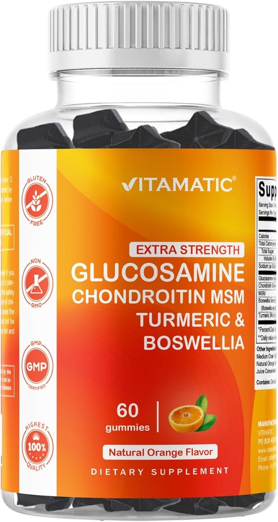 Witamatyczna dodatkowa siła Glukozamina Gummies Chondroitin z MSM, Turmeric & Boswellia - 60 Pectin- Based Gummies Zaawansowana formuła wsparcia wspólnego - Sugar- Free, Non-GMO, Gelatin- Free