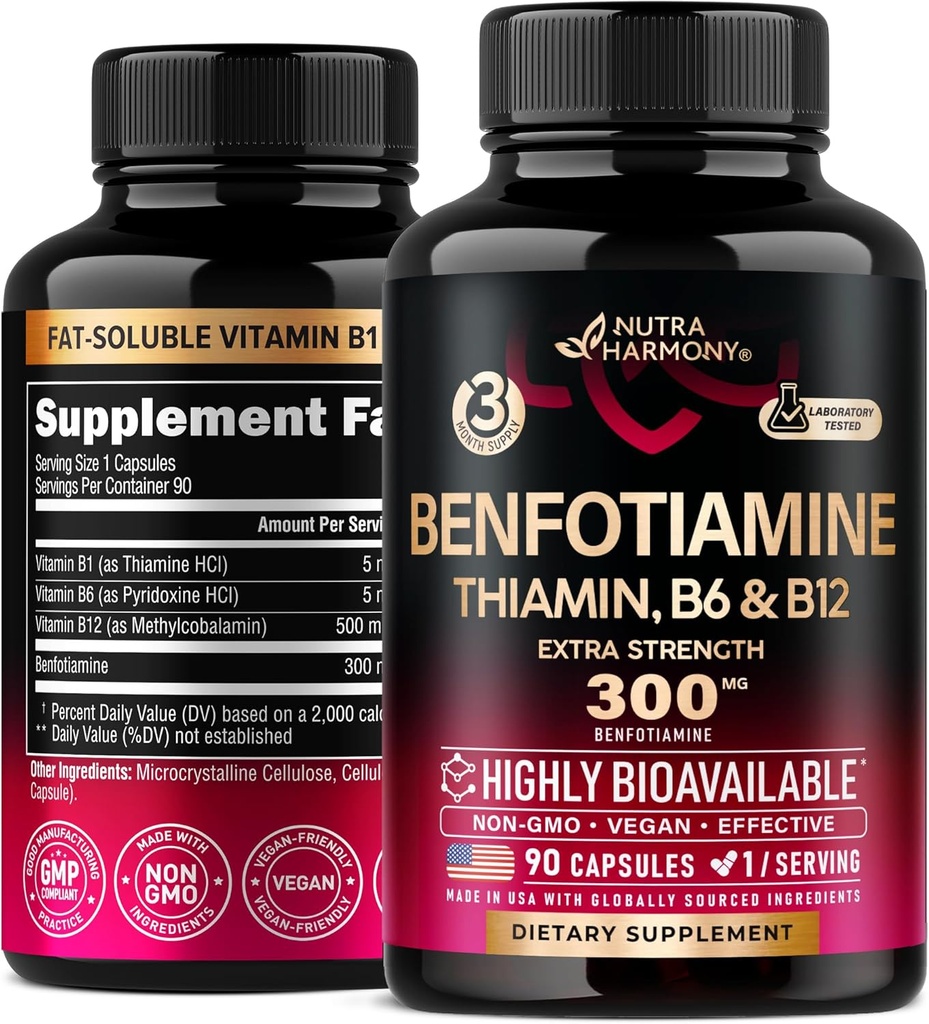 Benfotiamina 300 mg - Wsparcie dla Nerwy, Energia & Metabolizm - Suplement Benfotiaminy Witamina rozpuszczalna w tłuszczach B1 - Wysoka biodostępność i wchłanianie - z tiaminą, Witaminą B12 & B6 - 90 Kapsułki