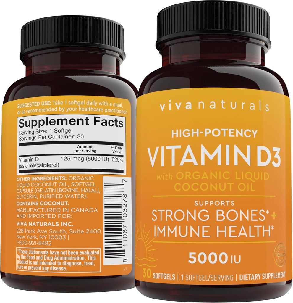 D3 Witamina 5000 IU Softgels (125 mcg), 30 Softgels - Wysokiej mocy witaminy D Suplementy dla zdrowej funkcji immunologicznej, kości i mięśni - Wyprodukowano z organicznego ciekłego oleju kokosowego