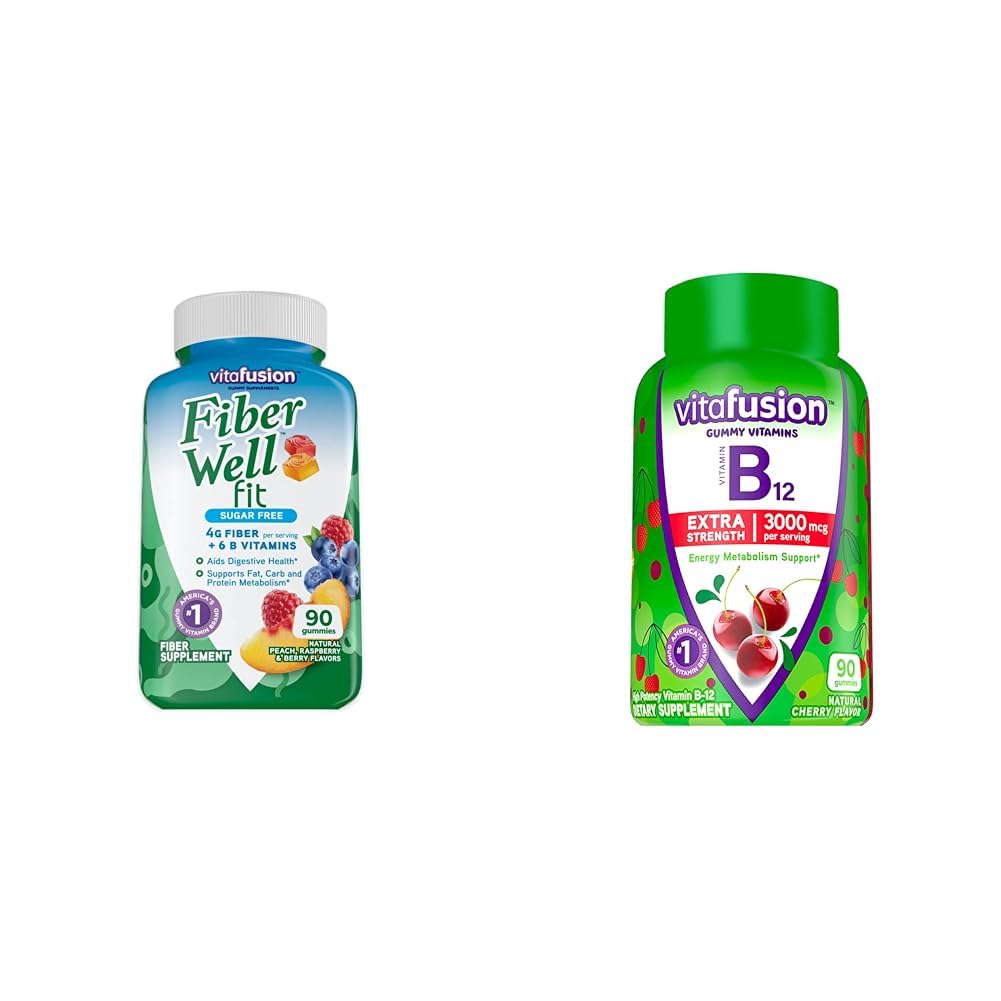 Fiber Vitafusion Well Fit Gummies Supplement, 90 Count (Packaging May Vary) & Extra Siła Witamina B12 Gumy Witaminy do wsparcia metabolizmu energii