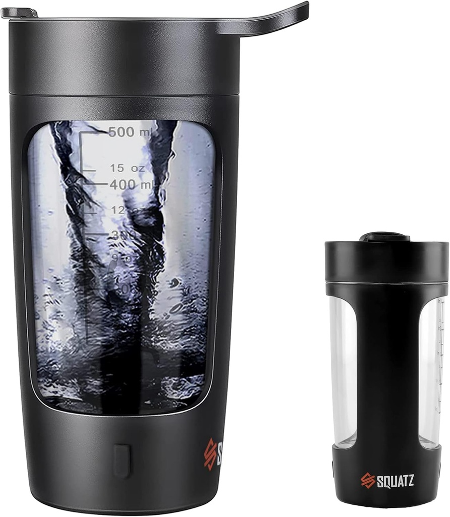 SQUATZ 22 Oz Butelka z shakerem elektrycznym - Doładowywana automatyczna flaga do mieszania protein, szczelność i łatwość czyszczenia, gładkie picie w 15 sekund, idealny do shake 'ów siłowni, kawa, koktajle mleczne (czarny)