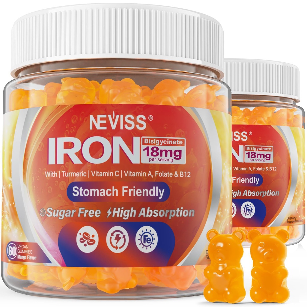 Wegańskie żeliwne gumki Suplement z witaminą C, B12, Folate & Turmeric - Energia i zdrowie immunologiczne 124; Gummy żelaza Bisglicinate 18mg Delikatne i niewzmocnione - Kobiety & Mężczyźni, 2 Pack