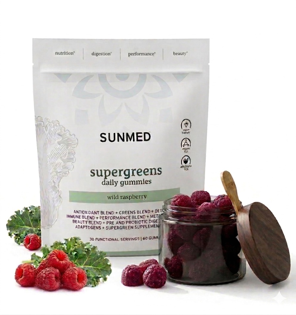 SUNMED Supergreens Daily Gummies - Wellness Mieszanka z Ashwagandha, Zielona herbata, Spirulina, Probiotyki, Przeciwutleniacze i Detox Wsparcie dla odporności, Gut, Skóra i Zdrowie Mózgu 124; Wild Malina, 60ct