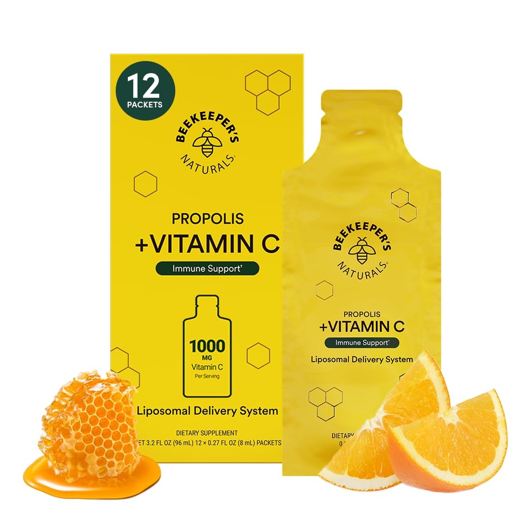 Propolis Liposomal Vitamin C by Beekeeper's Naturals, 1000mg Vitamin C, Propolis & Organic Honey, Supercharged Immune Support & Increased Bioavailibity for Max Absorption, 12 Ct