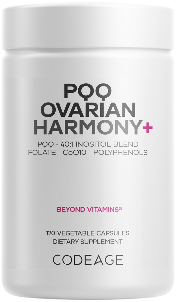 Codeage PQQ Ovarian Harmony + Supplement - PQQ (Pyrrolochinolina Quinone), Myo- Inositol & D- Chiro- Inositol 40: 1 Mieszanka, Folate 5- MTHF, CoQ10, Wild Blueberry - Liposomal Delivery - Non-GMO - 120 Kapsułki