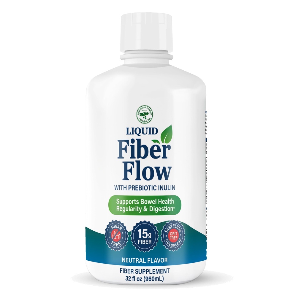 Nutritional Designs Liquid Fiber Flow, Delikatny codzienne suplement diety dla zaparcia Relief & Gut Health, Sugar- Free, Natural Regularność jelit dla zdrowej równowagi, Flavorless, 32 fl oz