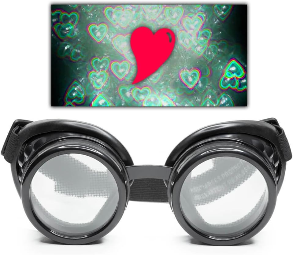 GlobFX Black Heart Effect Diffraction Goggle - Zobacz Serca - 3D Holograficzne wizualizacje Edm Rave Odzież Steampunk Kostium Cosplay Festival Music
