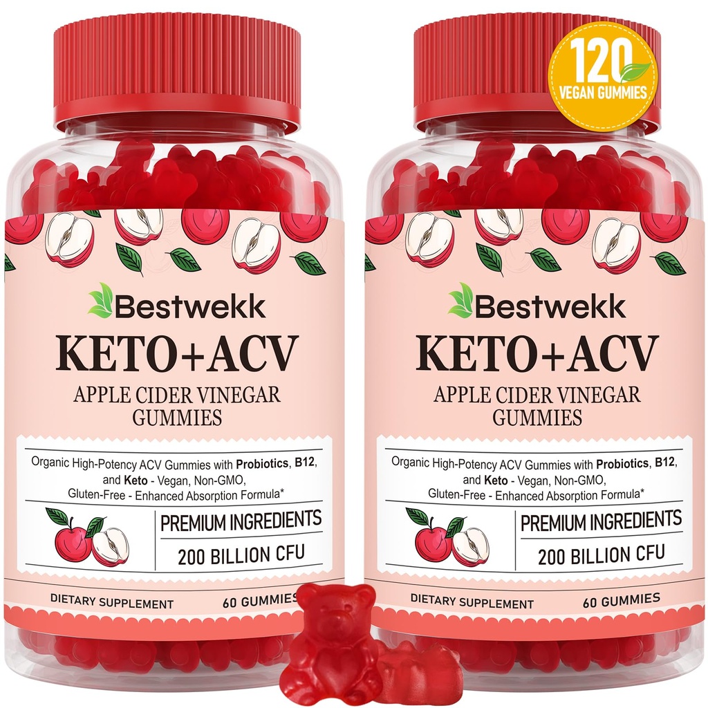 Jabłko Cider Gummies Ocet, Max Siła 2000mg ACV Gummy z Probiotyki, B12 i Keto Wsparcie, Dla trawienia, Metabolizm, Detox, Gut & Immune Health, Żelatyna - wolne, Non-GMO, 120 keto acv gummies