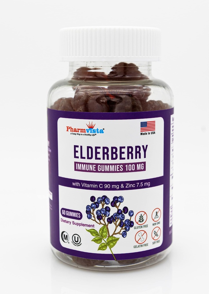 Elderberry Gummies 100mg with Vitamin C and Zinc - Immune Support, Gluten Free Gummies with 7% Anthoycyanin - 60 Count
