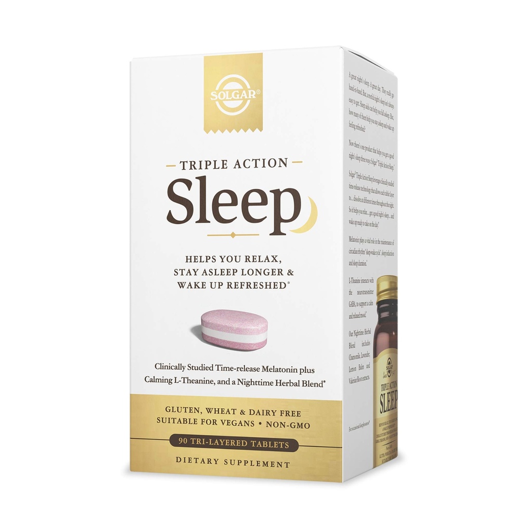 Solgar Triple Action Sleep, 90 Triayer Tablets - Time- Release Melatonin & L- Theanine Plus Herbal Blend - Pomaga Ci Relax - Non-GMO, Gluten Free - 90 Sługi