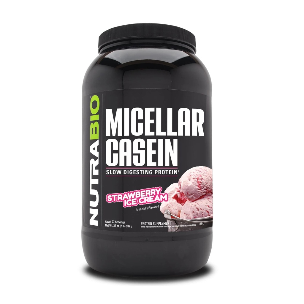 Proszek do protein z kazeiny NutraBio, Proszek z kazeiny mikrokrystalicznej, 25 g proteiny z wolnym trawieniem, Pomaga utrzymać Cię w pełni, Odzysk mięśni w ciągu nocy i wzrost, BCAA & EAA, Gluten Free, Soy Free, 2lb Lody truskawkowe