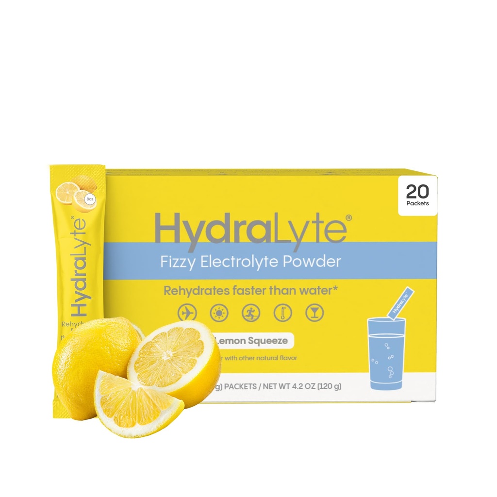 Hydralyte Shay Mitchell Szybkie nawodnienie niskocukrowe - Lekko musujące opakowania proszku elektrolitów, Lemon Squeeze 124; Esencja podróży - Trening Esential - Proszek odzysku (18 Count)