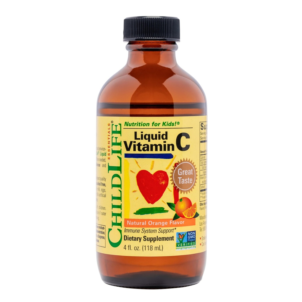 CHIDLIFE ESENTIALLE Płynna witamina C - Czysty suplement płynny witaminy C dla dzieci, Wsparcie układu immunologicznego, Wielki smak - Natural Orange, 4 Fl Oz (Opakowanie 1)