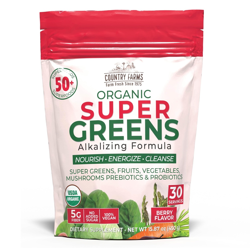 Gospodarstwa wiejskie Super Zielone Berry Flavor, 50 Organic Super Foods, USDA Organic Drink Mix (Trawa pszenna, Spirulina, Chlorella) Grzyby i probiotyki, z włóknem, Gut Health, Naturalna energia, 30 Służenia